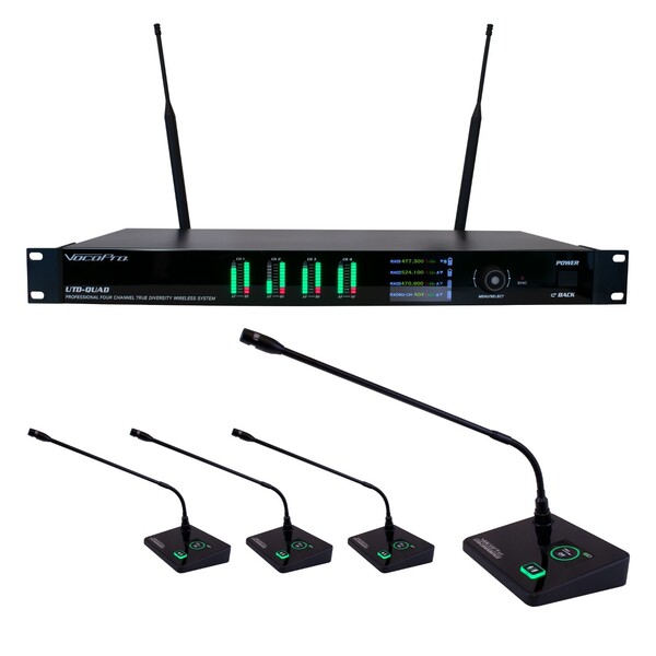 QUAD TRUE-DIVERSITY PROFESSIONAL DIGITAL WIRELESS PLL MICROPHONE SYSTEM WITH FOUR GOOSENECK CONFEREN